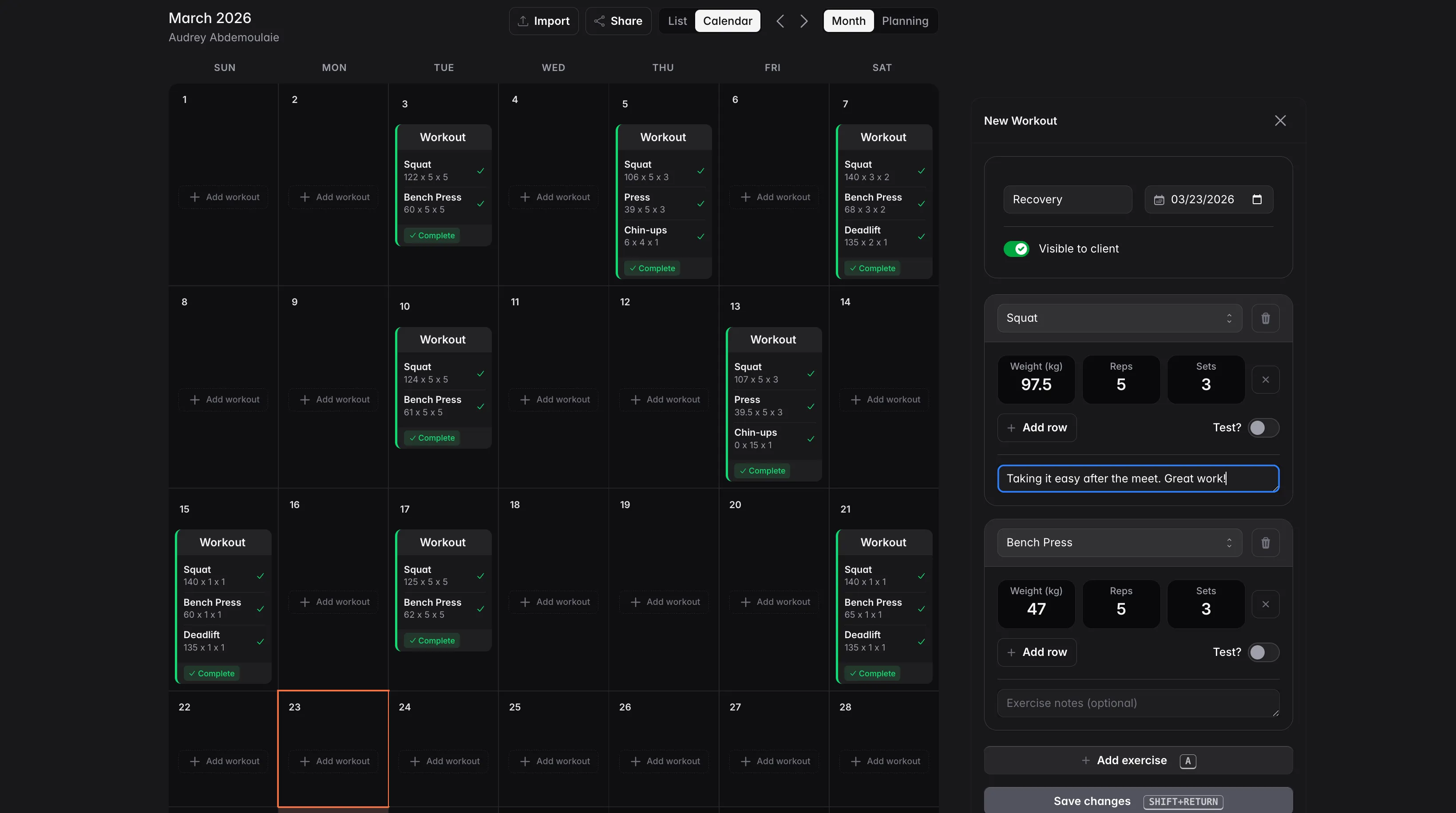CoachSync calendar with workout builder — program a full month of training from one screen