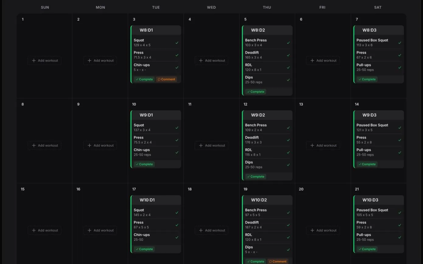 CoachSync workout calendar — three weeks of programmed training with completion status